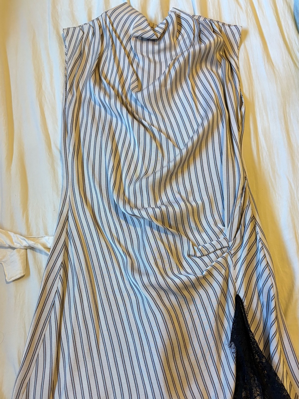 Zara White Midi Skirt with Black Pinstripes and Lace Trim